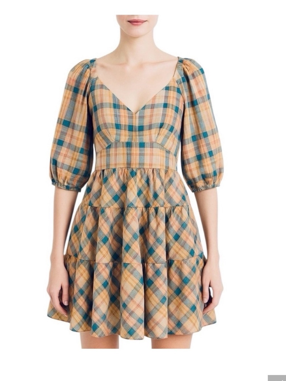 Drew Puff Sleeve Cottage Tiered Midi Dress Plaid Tan Pink Blue Multi Sz M